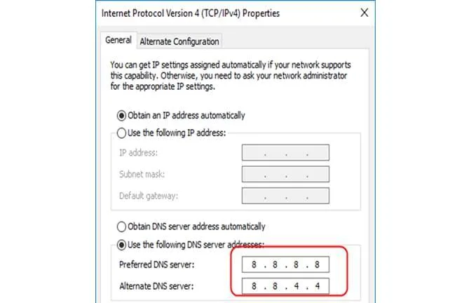إدخال عناوين DNS من جوجل 8.8.8.8 و8.8.4.4