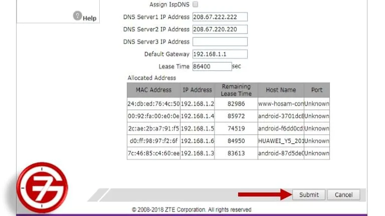 الضغط على Submit لحفظ إعدادات OpenDNS في الراوتر