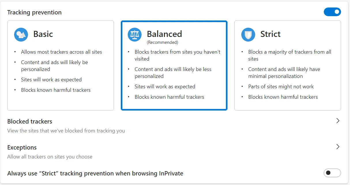 إعدادات منع التعقب على Microsoft Edge
