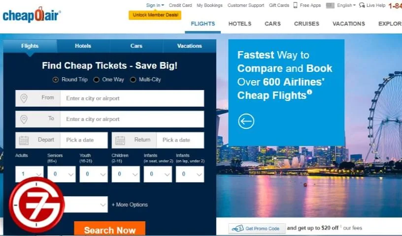 واجهة موقع cheapoair للبحث عن أرخص تذاكر الطيران