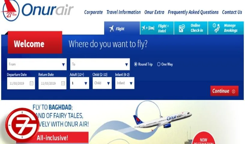 الصفحة الرئيسية لموقع طيران Onur Air الرسمي